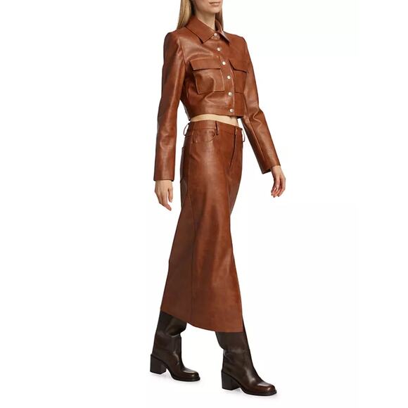 New WAYF Roberta Croc Embossed Midi Skirt in Brown Faux Leather Size L - Picture 13 of 13